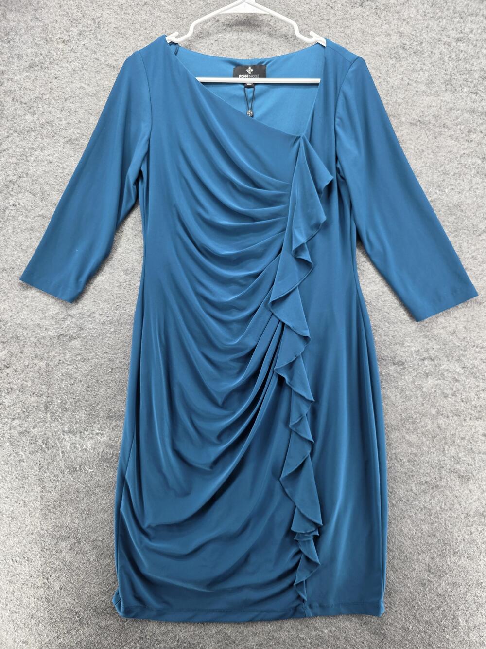 Ronni Nicole Dress Womens 6 Blue Ruched Ruffle Sheath 3/4 Sleeve Elegant Party